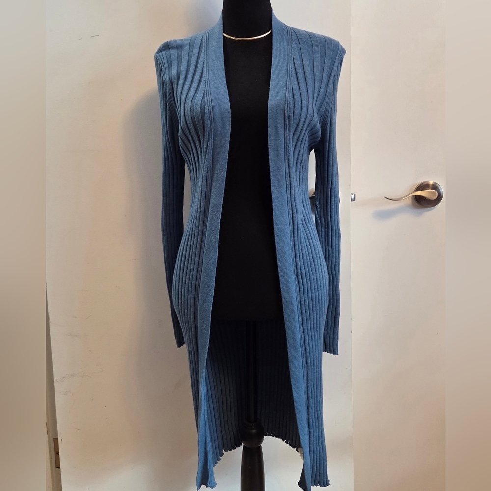 PERUVIAN CONNECTION Blue Ribbed Open Front Cardigan Medium